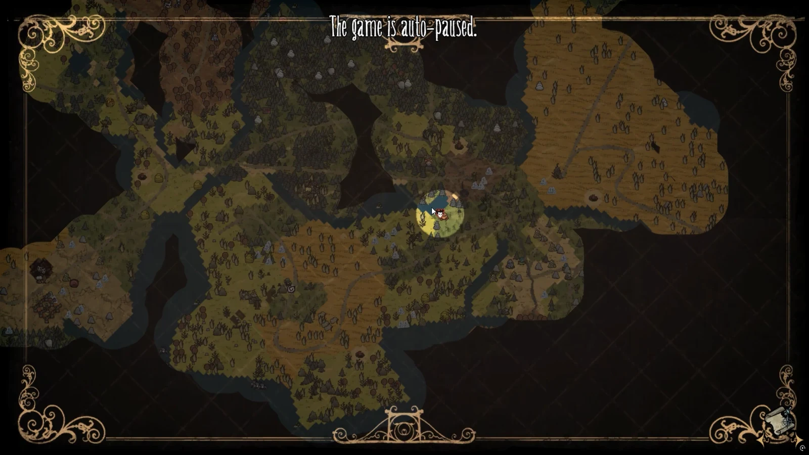 Don't Starve Together world map open and auto-paused with the player marker near the center