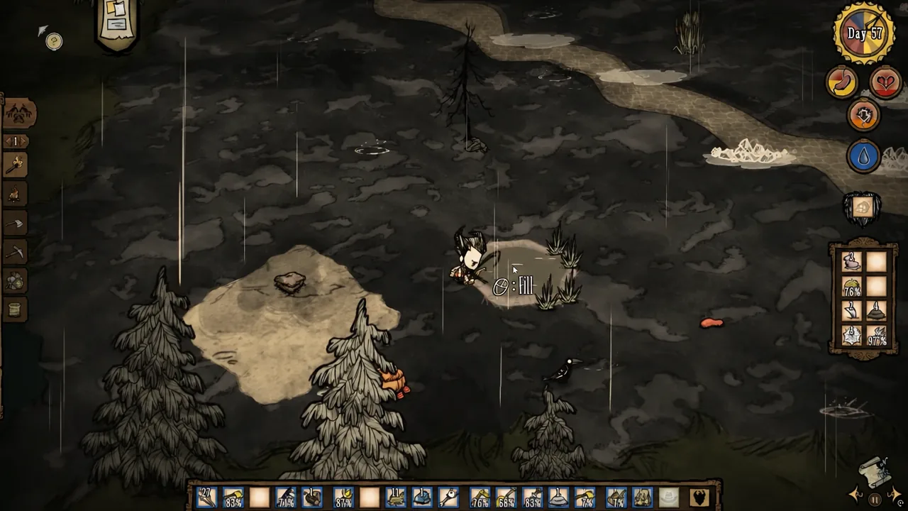 Player selecting the Fill interaction at the edge of a freshwater pond in Don't Starve Together