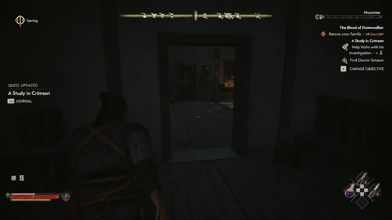 Quest Updated notification for A Study in Crimson after entering the warehouse interior