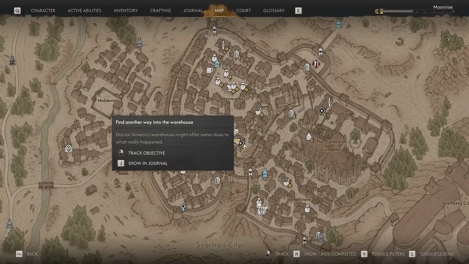 Map screen with the Find another way into the warehouse objective selected and tracking options open