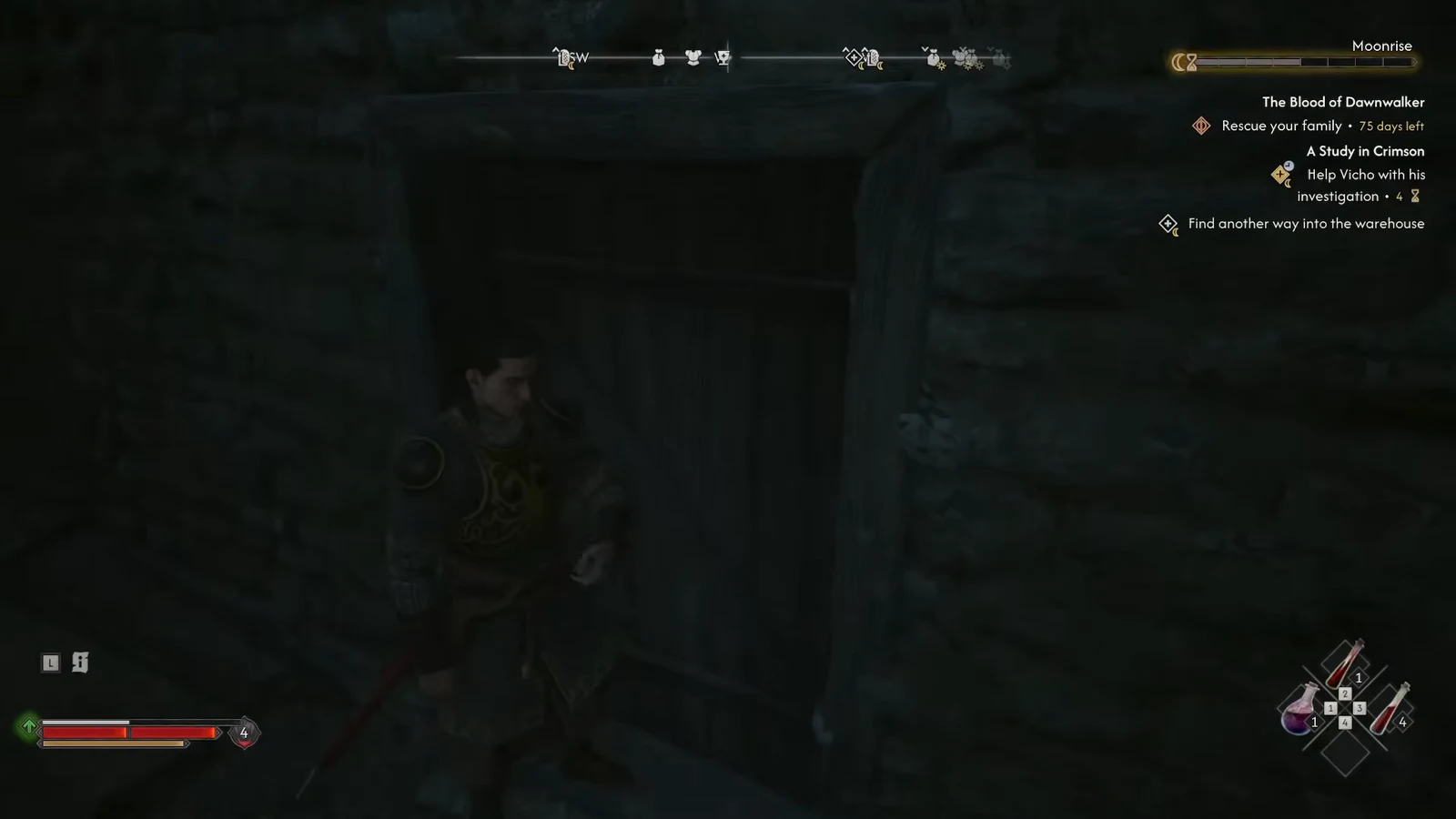 Coen checking a dark passage beside the warehouse with the warehouse objective still active