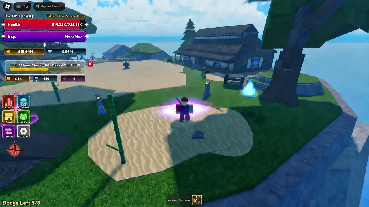Player searching an island with the Flame Chaser quest counter showing four of eleven found