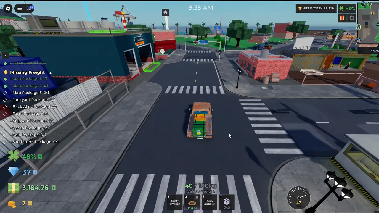Loaded vehicle driving through the city with the Missing Freight quest tracked on screen