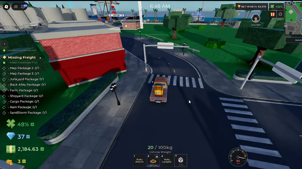 Driving through town with the Missing Freight objective active on the HUD