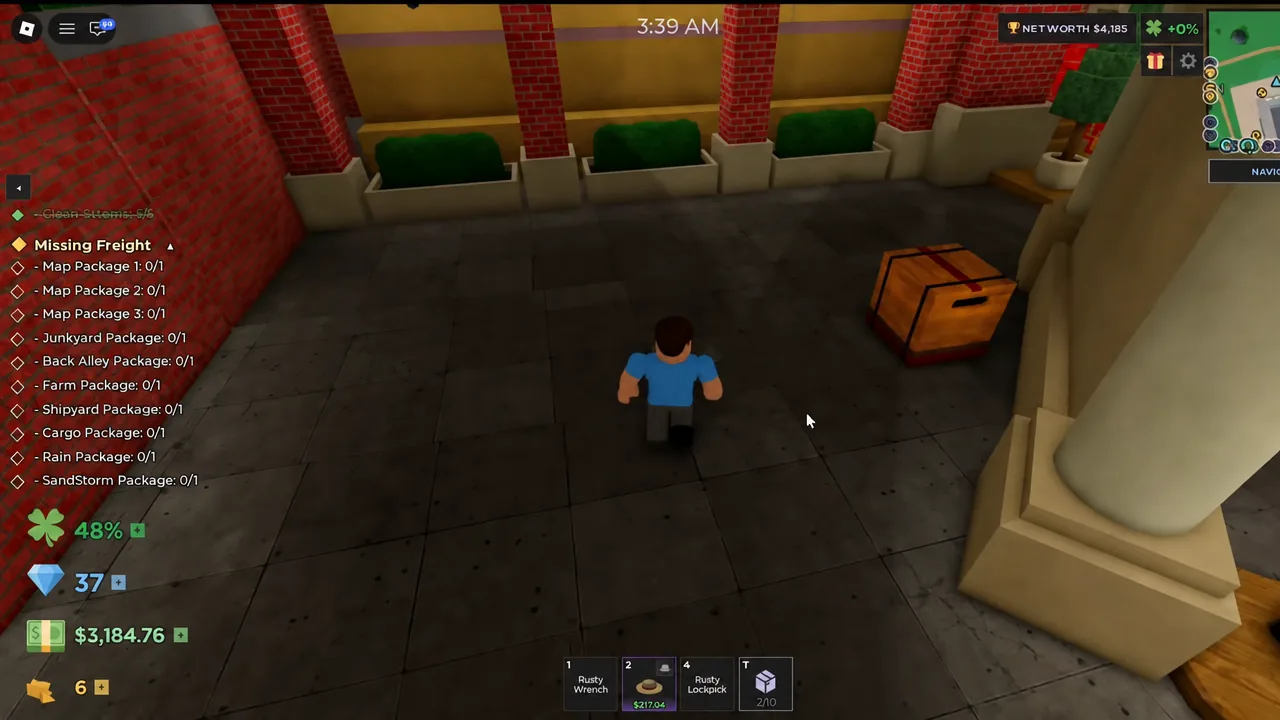 Player approaching the orange Museum freight crate with the quest tracker on screen