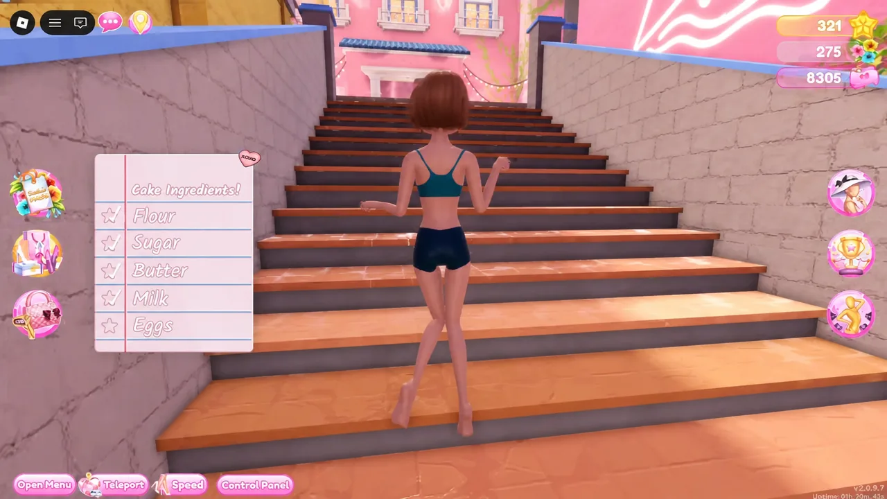 Climbing the stairs back toward the lobby with Eggs still unchecked on the list