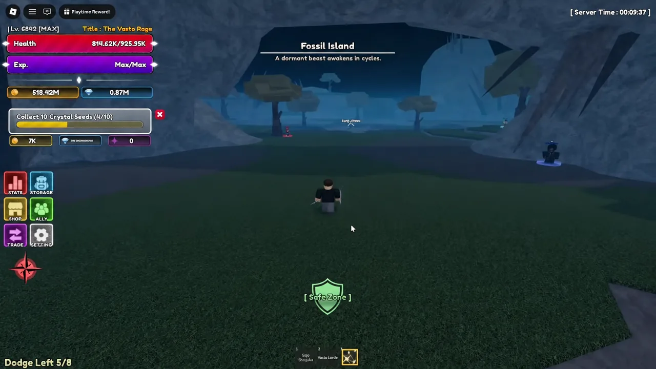 Quest tracker reading Collect 10 Crystal Seeds 4 of 10 while standing in the Fossil Island Safe Zone