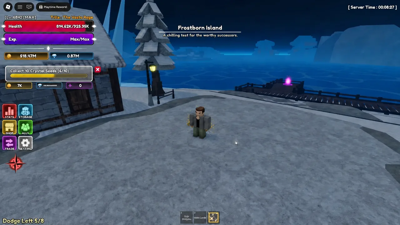 Snowy cliff ledge above an igloo on Frostborn Island where a Crystal Seed sits under a tree