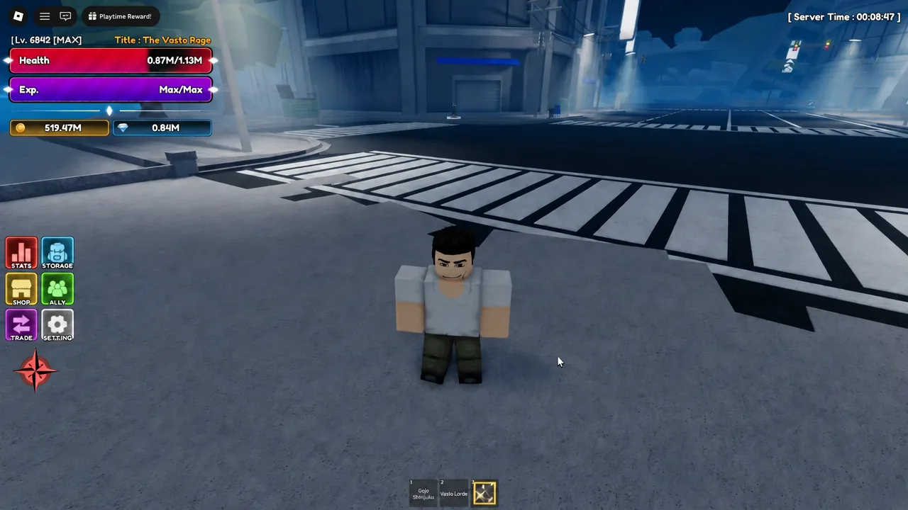 Player character standing in the Lineage Town street with a weapon slot highlighted in the hotbar