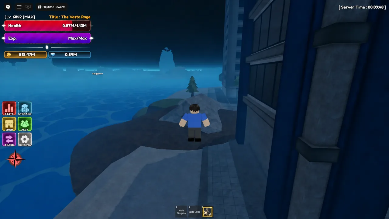 Avatar moving alongside a building in Lineage Piece with an ability highlighted in the hotbar