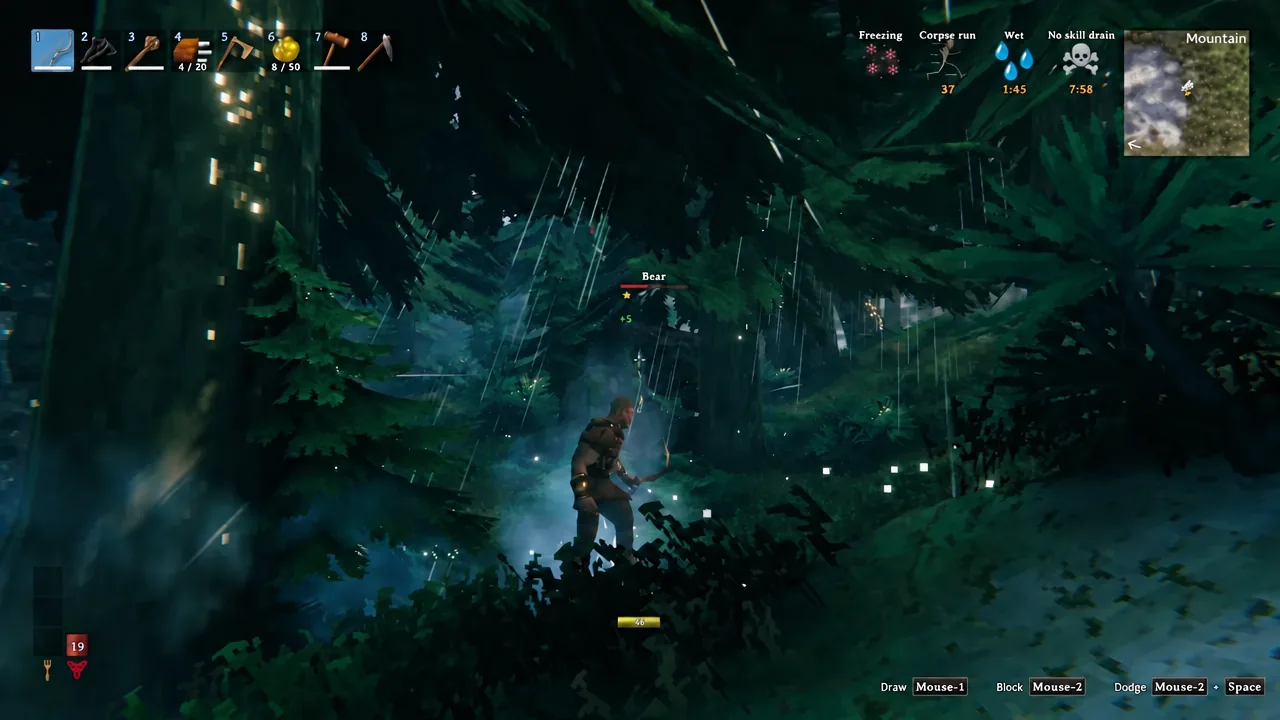 Player swinging at a starred bear at close range in the Black Forest
