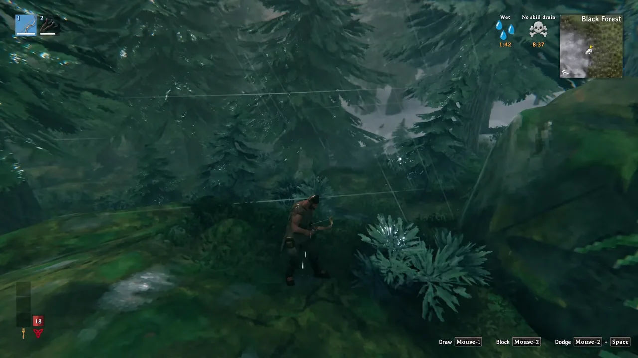 Viking drawing a bow in the rain in the Black Forest with the first hotbar slot selected