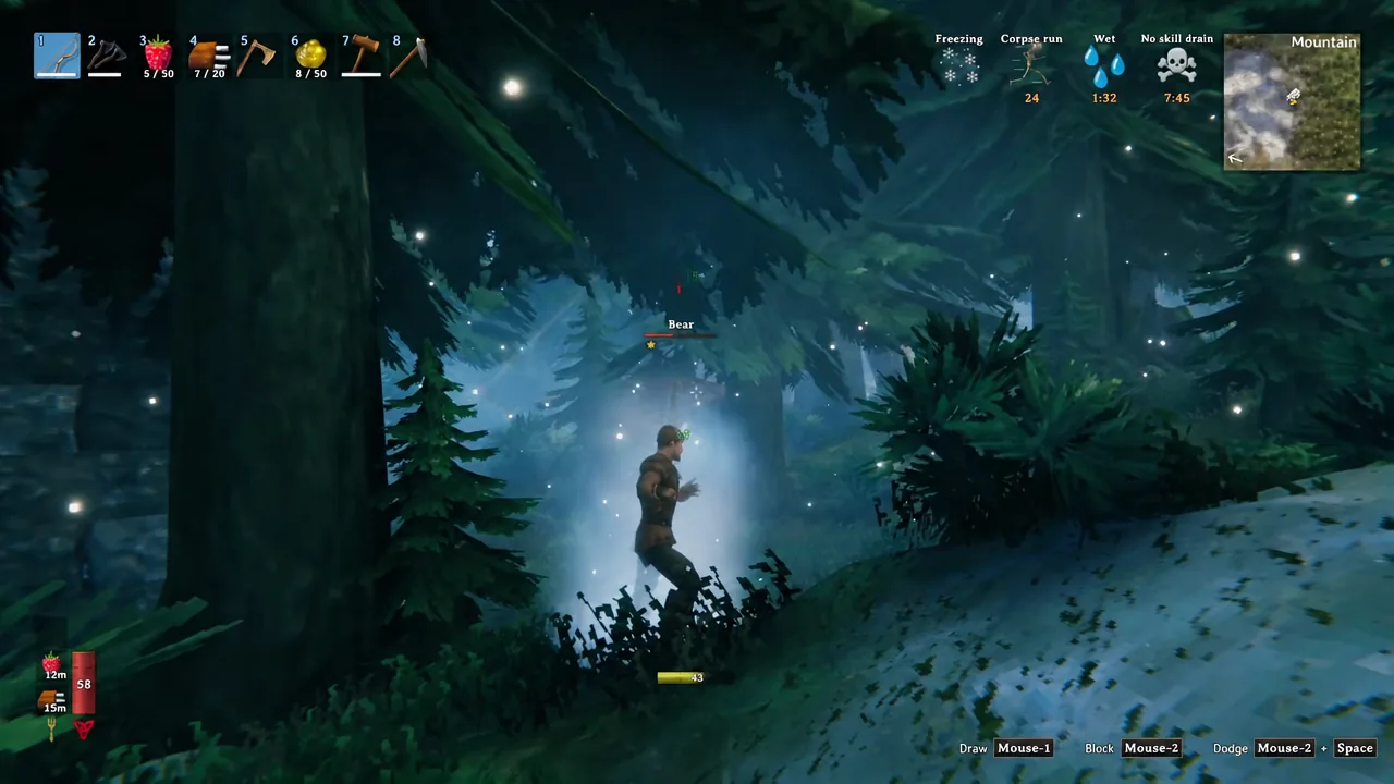 Hotbar with the bow slot highlighted as a bear closes in through the trees