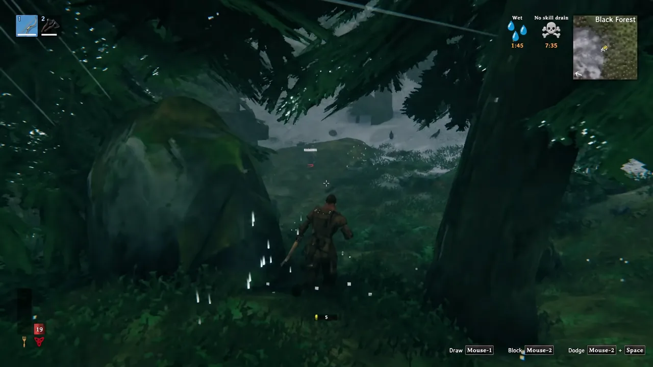 Viking running through dark pine forest with the Wet and No skill drain status icons showing on the HUD