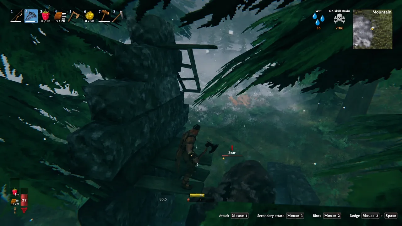 Player swinging an axe at a bear with the second hotbar slot selected