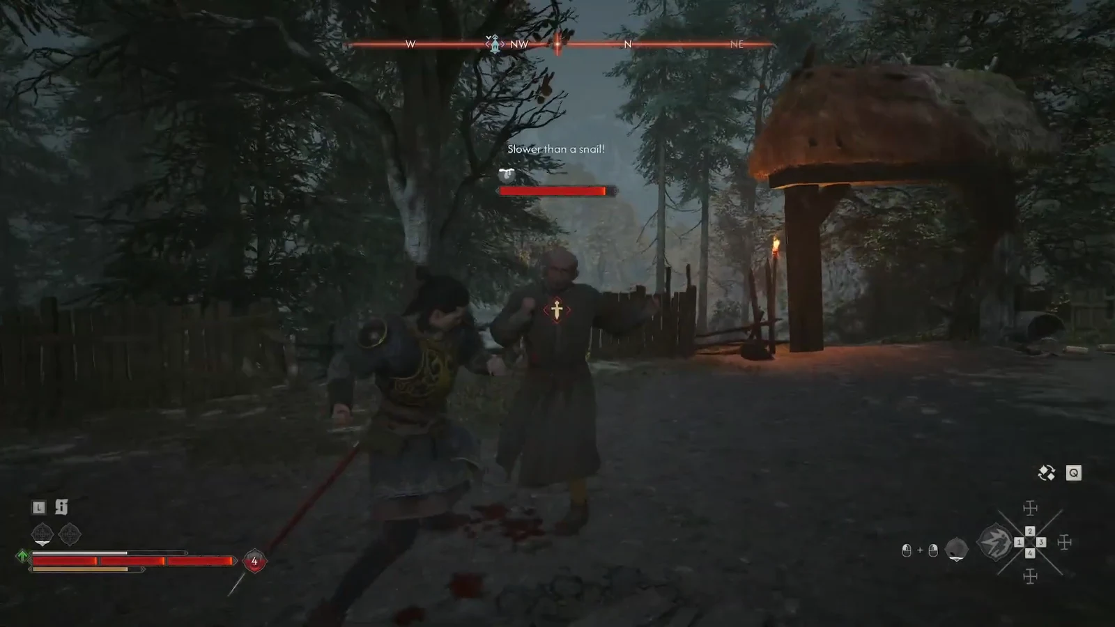 Coen trading blows at the ruined hut as the opponent's red health bar drains