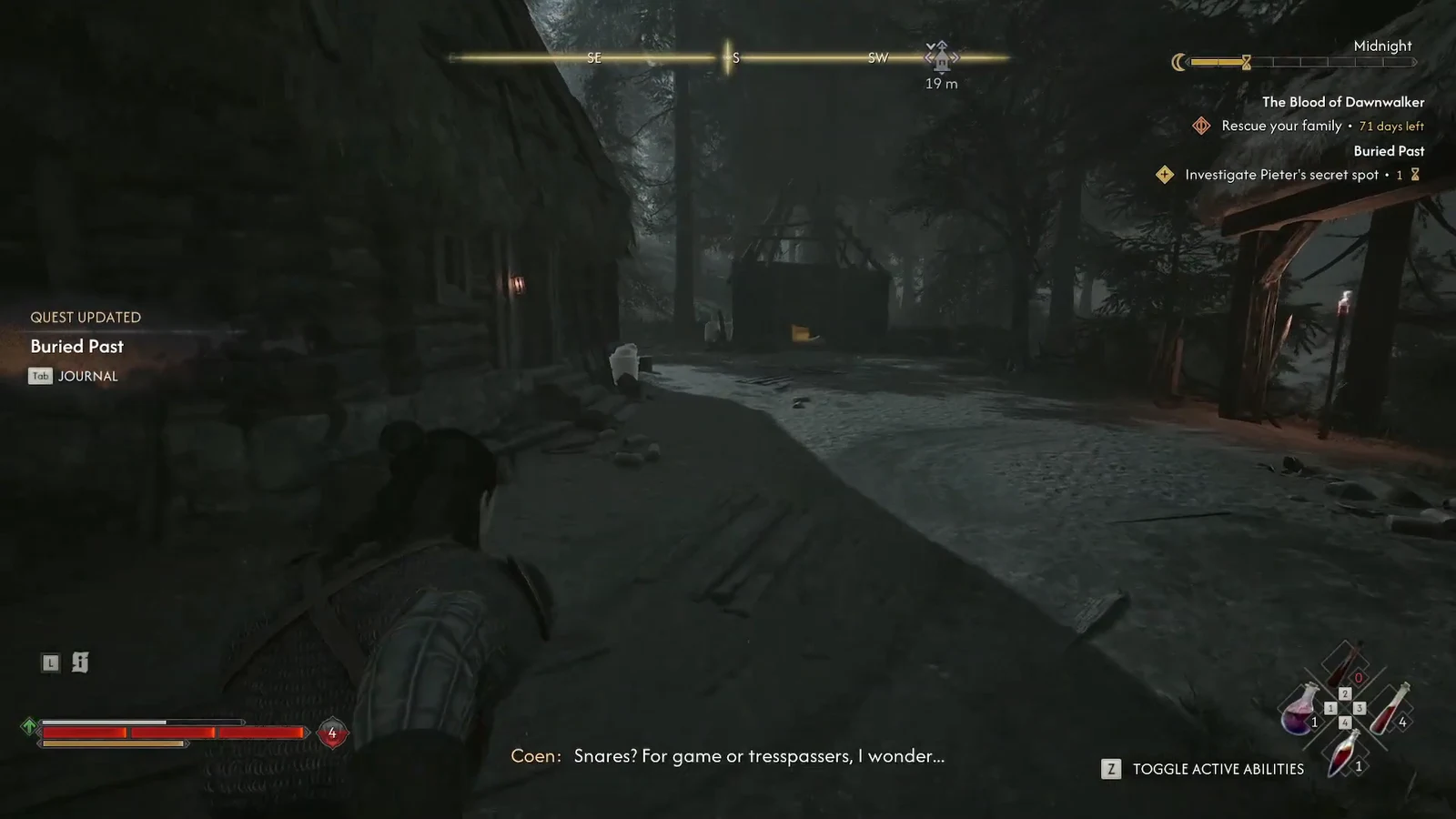 Buried Past quest objective updates to investigate Pieter's secret spot while moving through a dark village
