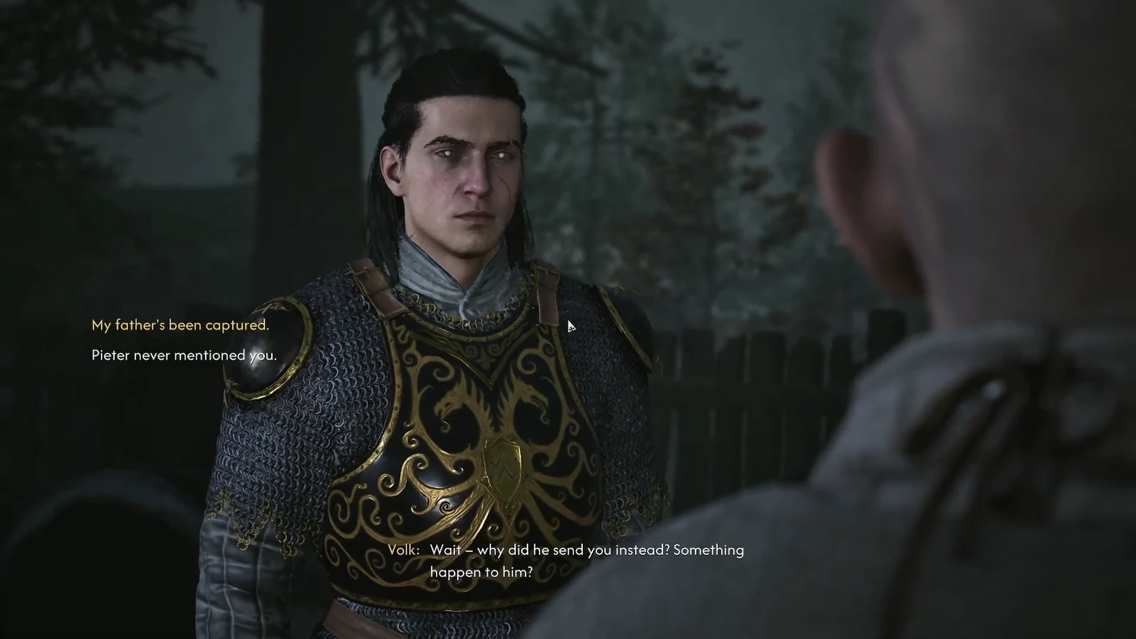 Dialogue wheel with the option “My father's been captured.” highlighted while talking to Volk