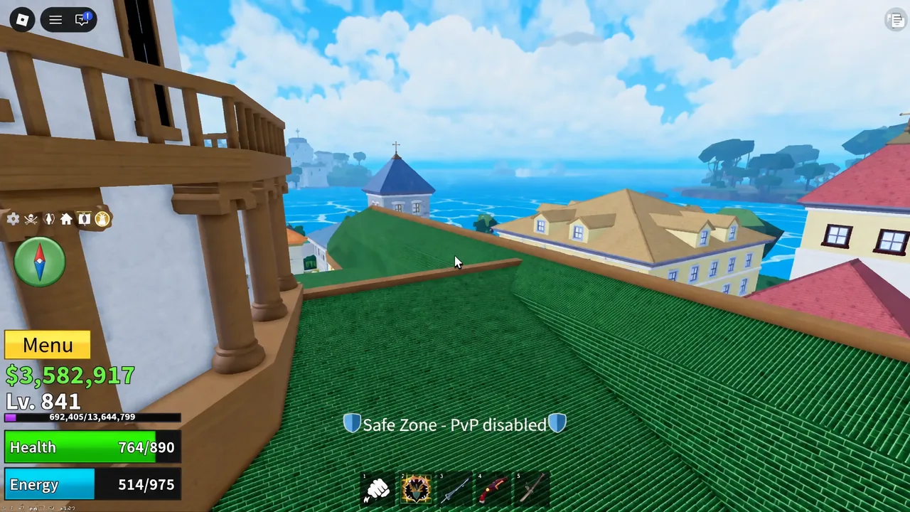 Player standing on a Middle Town rooftop with the yellow menu button visible and PvP disabled