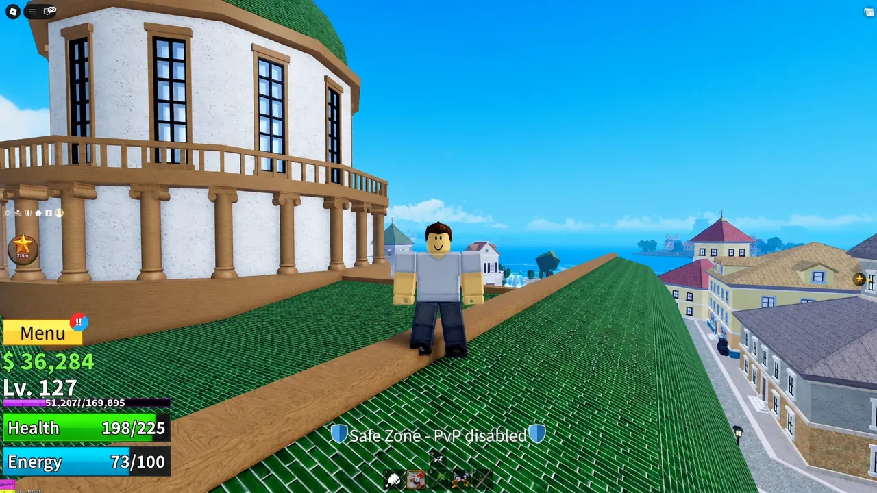 Game world view with the on-screen menu button ready to be opened