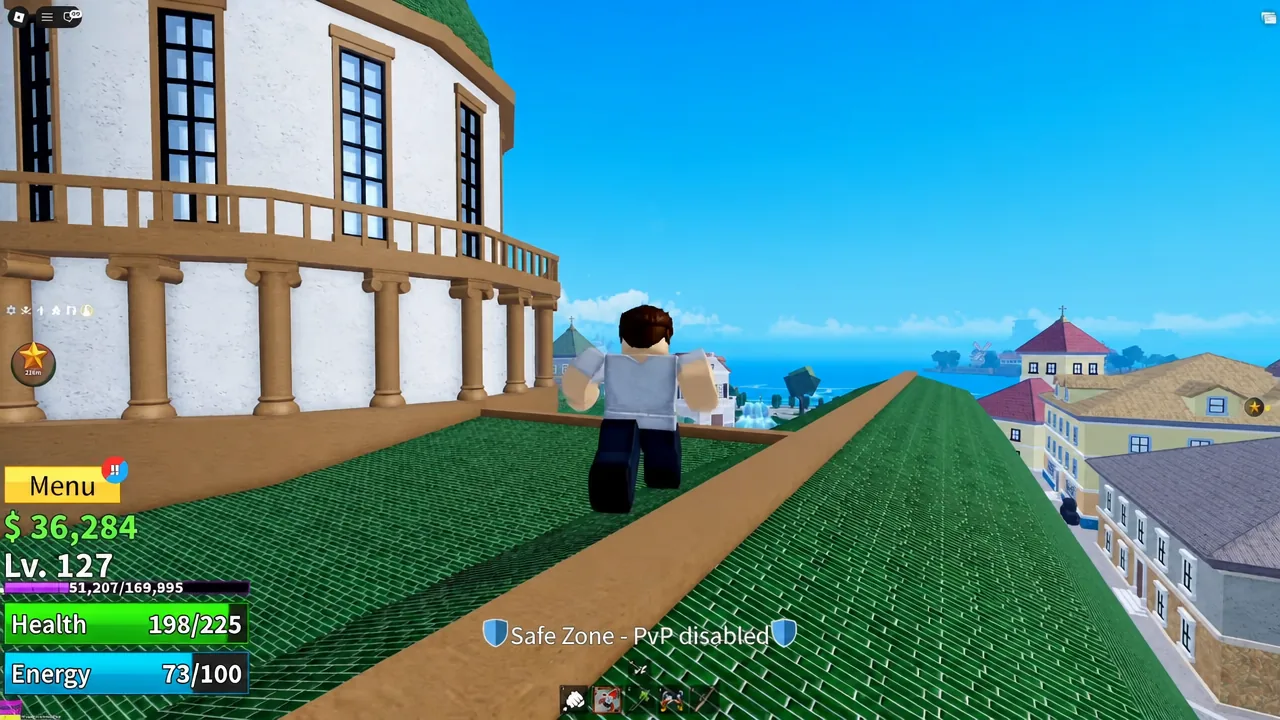 Player character moving across a Middle Town rooftop inside the Safe Zone