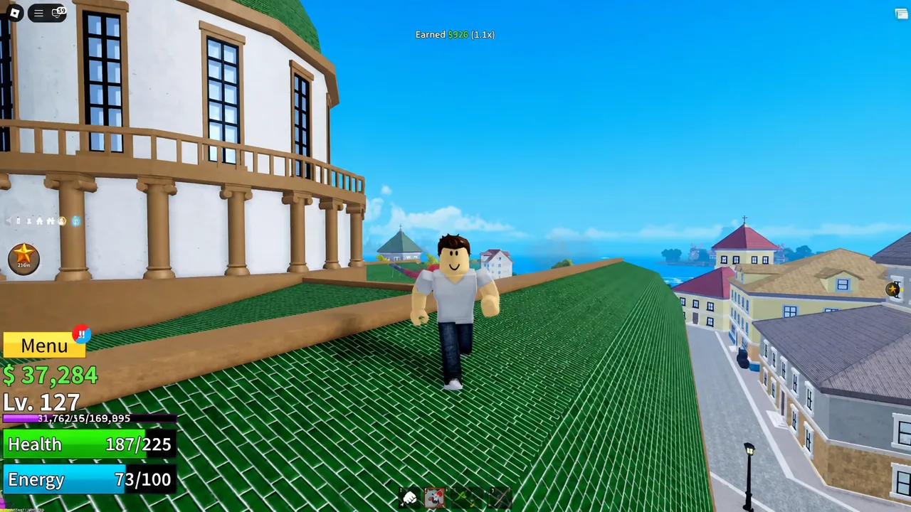 Running along a Middle Town rooftop toward the main building