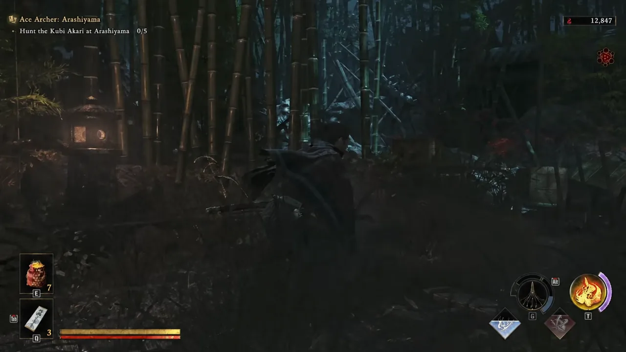 Arashiyama bamboo path with the hunt objective showing 0/5 Kubi Akari defeated