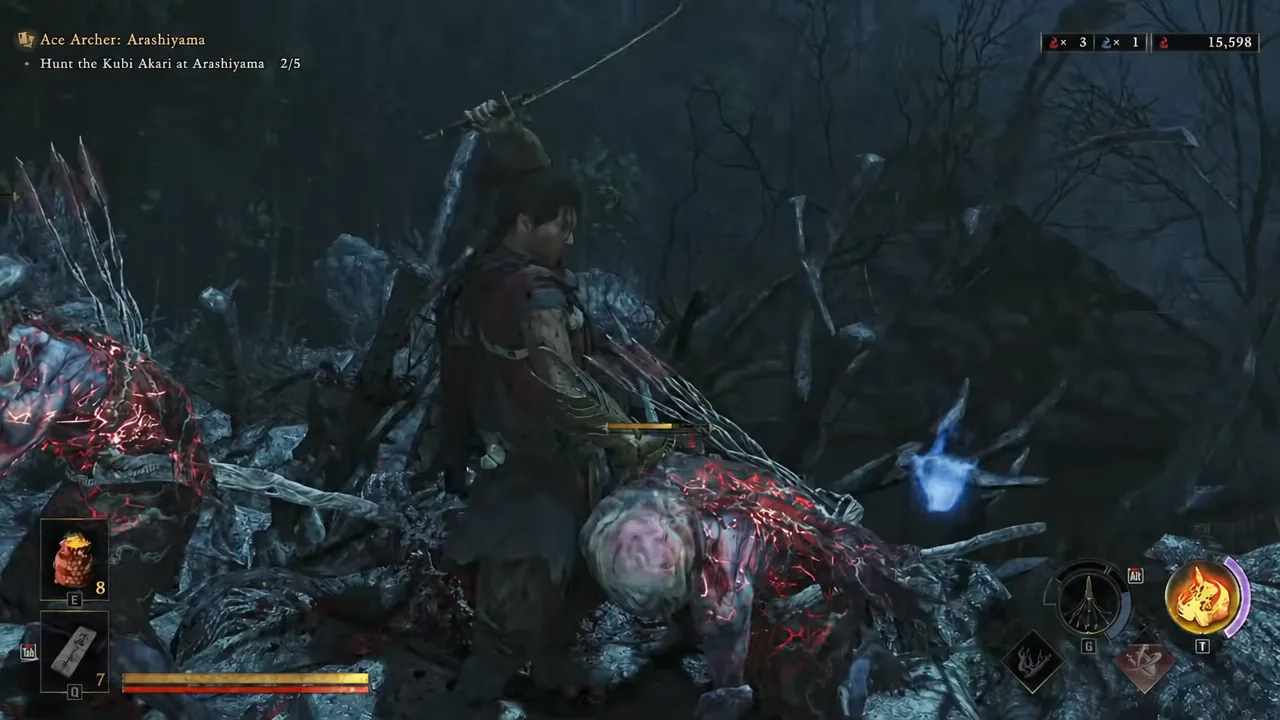 Player firing at a Kubi Akari with the tracker reading 2/5 at Arashiyama