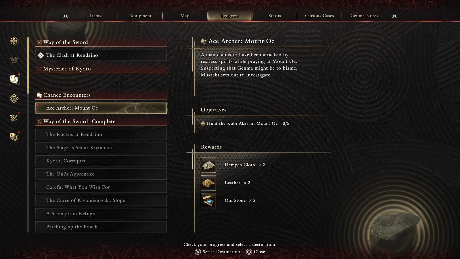 Progress menu showing the Ace Archer: Mount Oe objective and its Hempen Cloth, Leather, and Oni Stone rewards