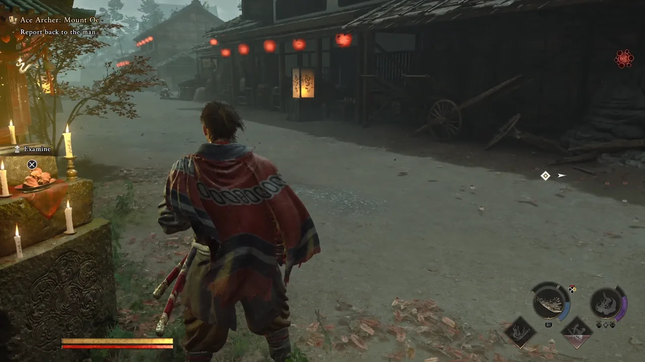 Examine prompt with the X button highlighted as Musashi speaks to the quest giver in Shijo Street