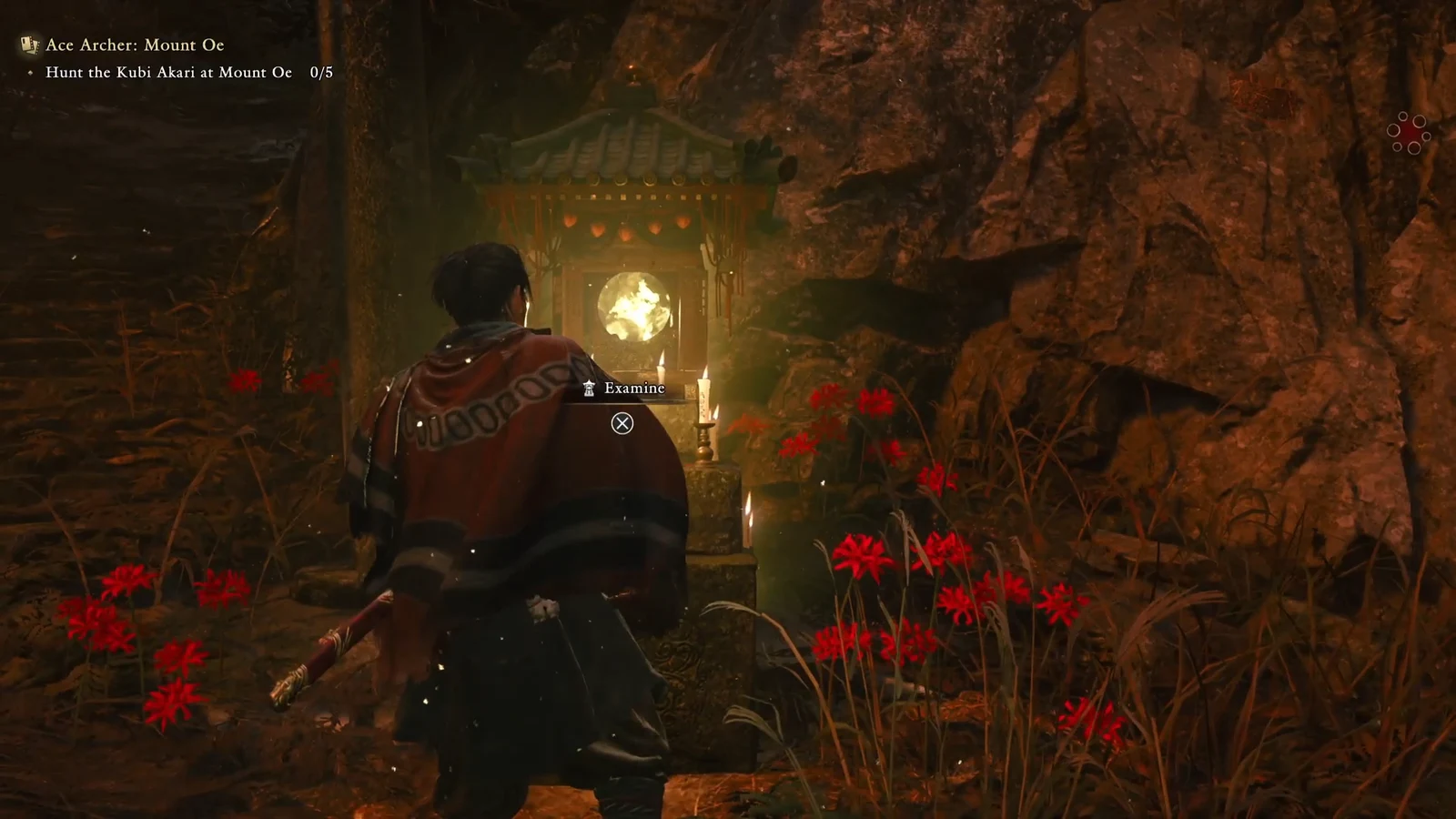 Prompt to press X to examine the glowing Spirit Mirror shrine while tracking the Mount Oe objective