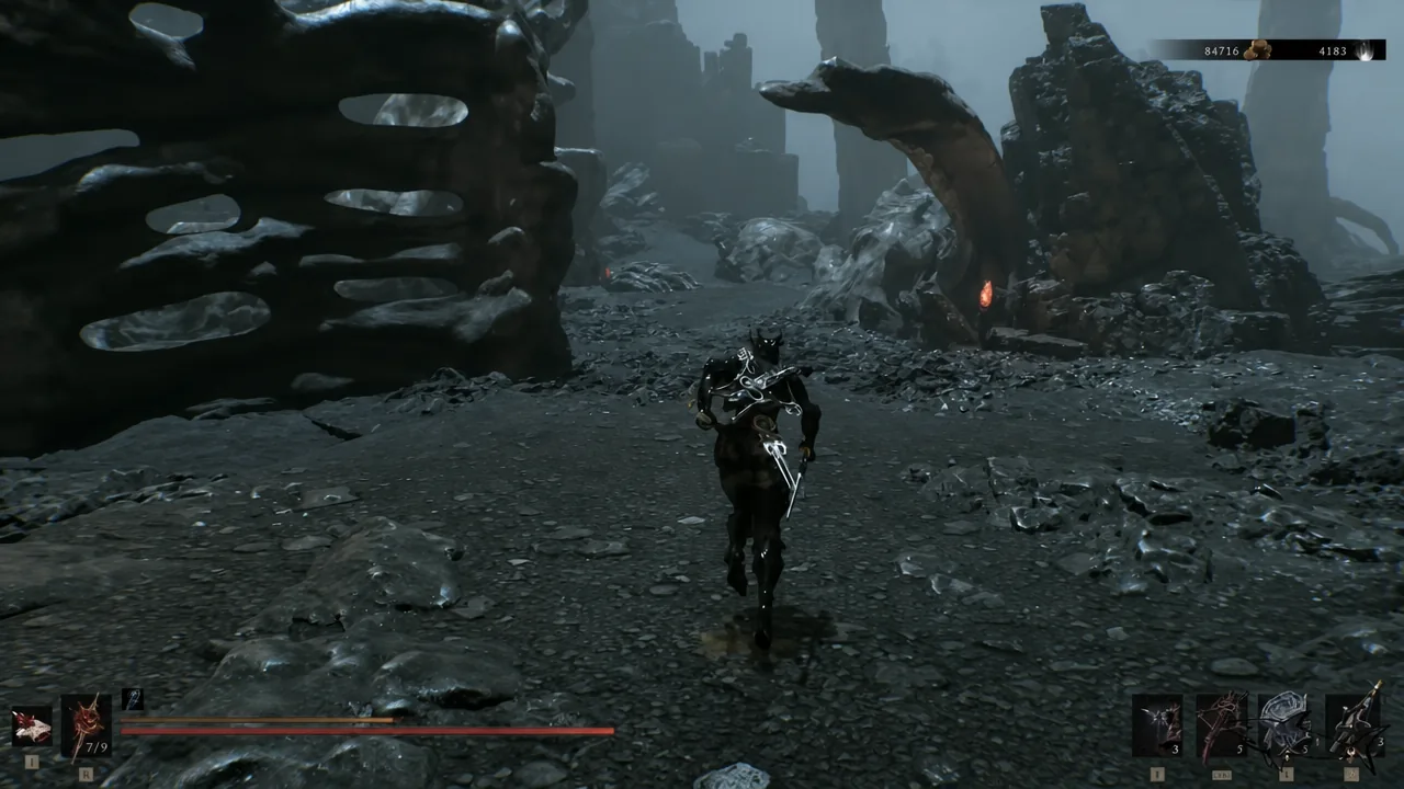 Player character sprinting across a rocky arena toward the towering Hexapod