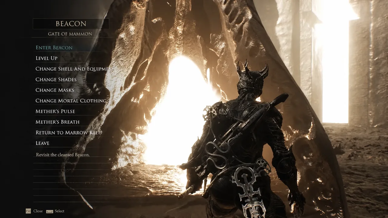 Beacon interaction prompt with ENTER BEACON highlighted at the Gate of Mammon