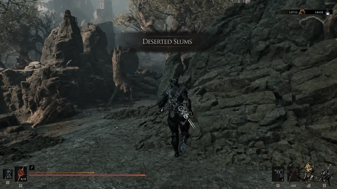 The Deserted Slums area title appears on screen as the player moves through the ruined district