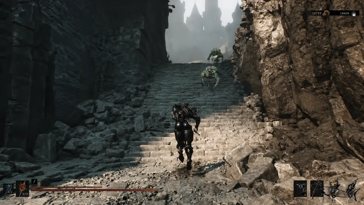 Armored character running up a stone staircase toward two enemies inside ruined walls
