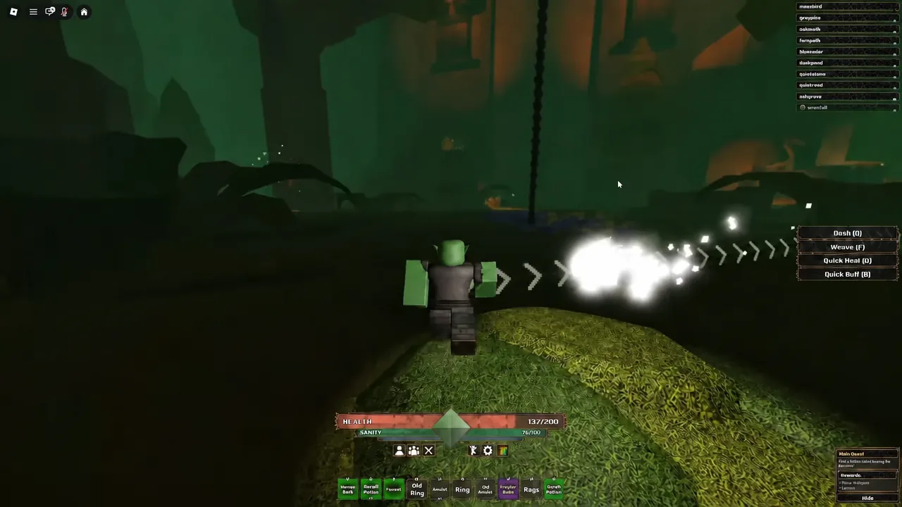 Character running along a line of white ground arrows through the swamp forest