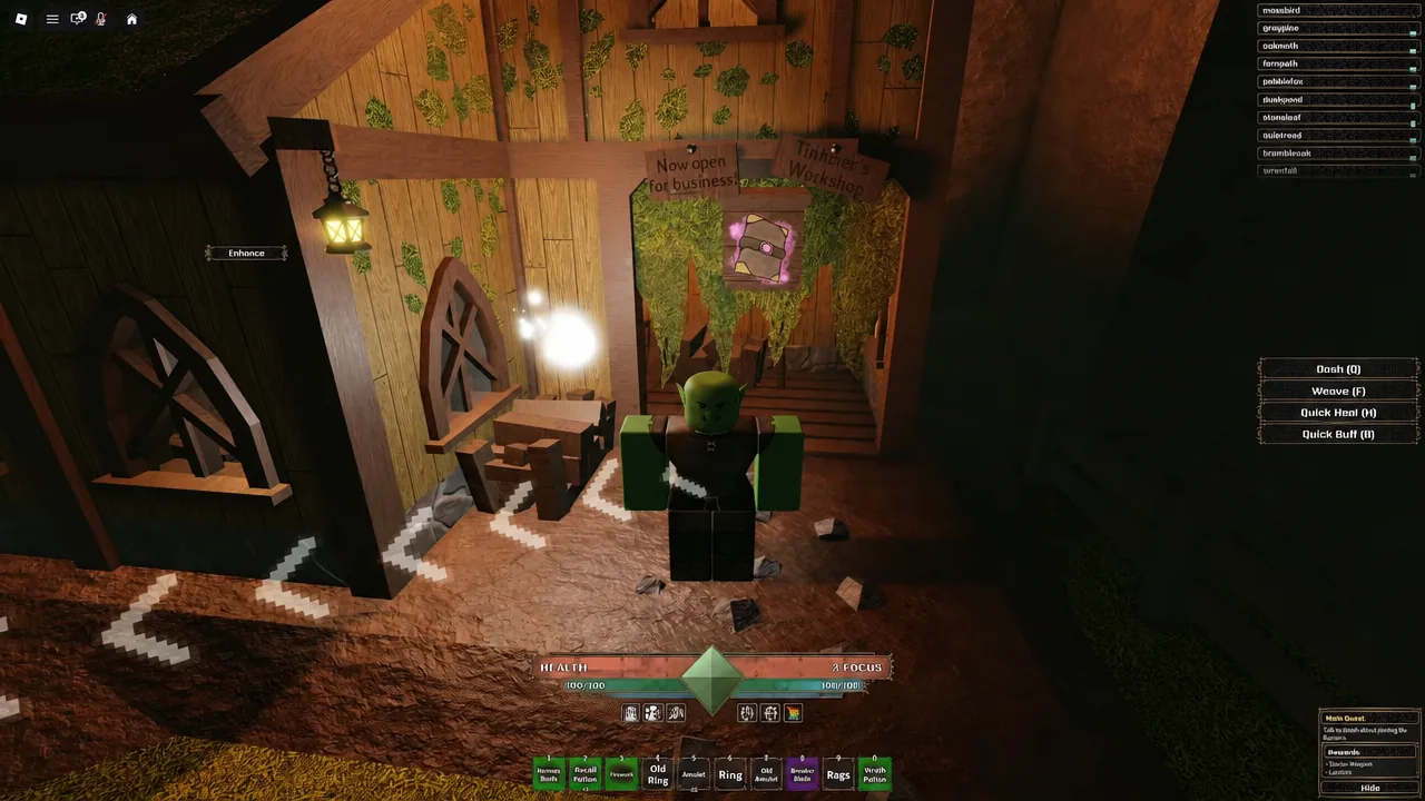 Player character standing outside the Tinker's Workshop with the Enhance interaction prompt on screen