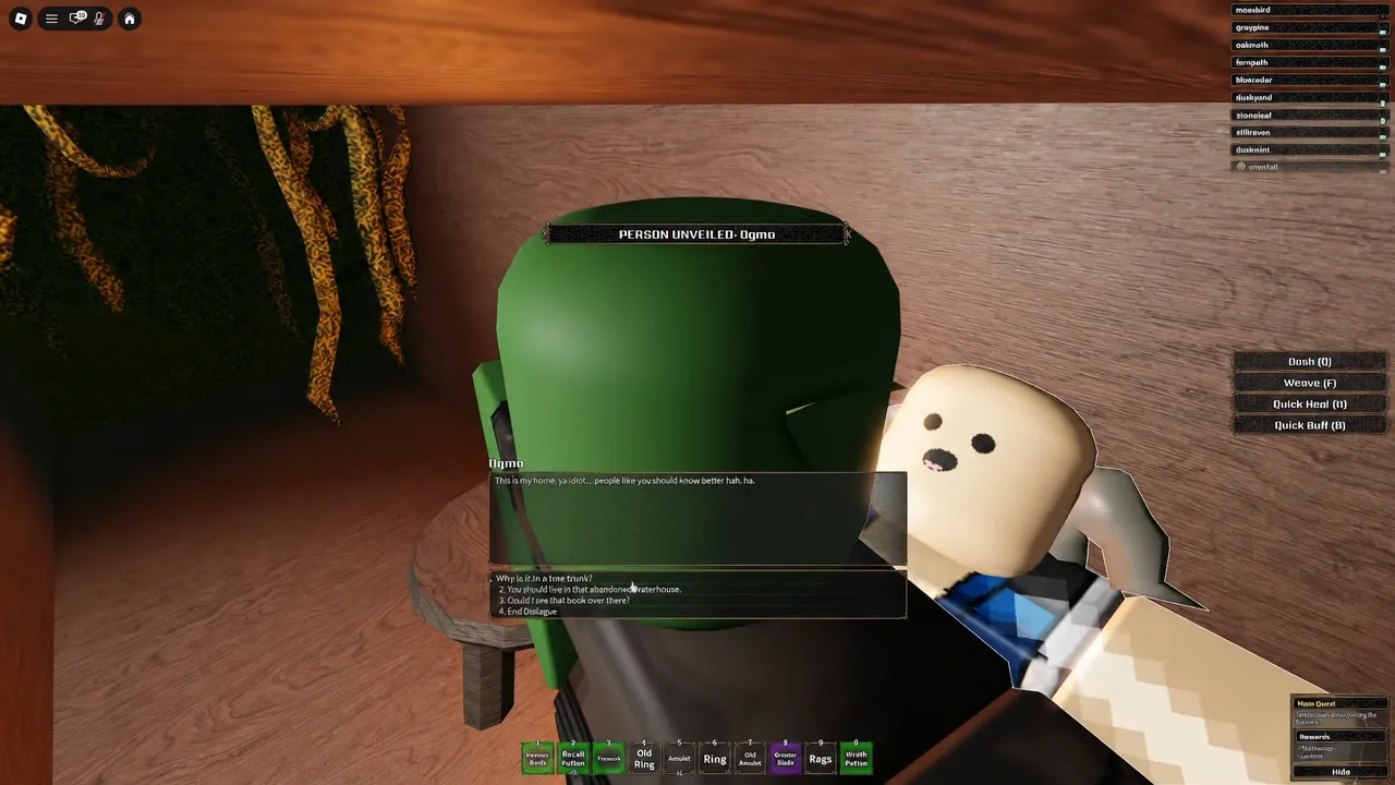 Dialogue window inside the hollow tree with the first reply option highlighted