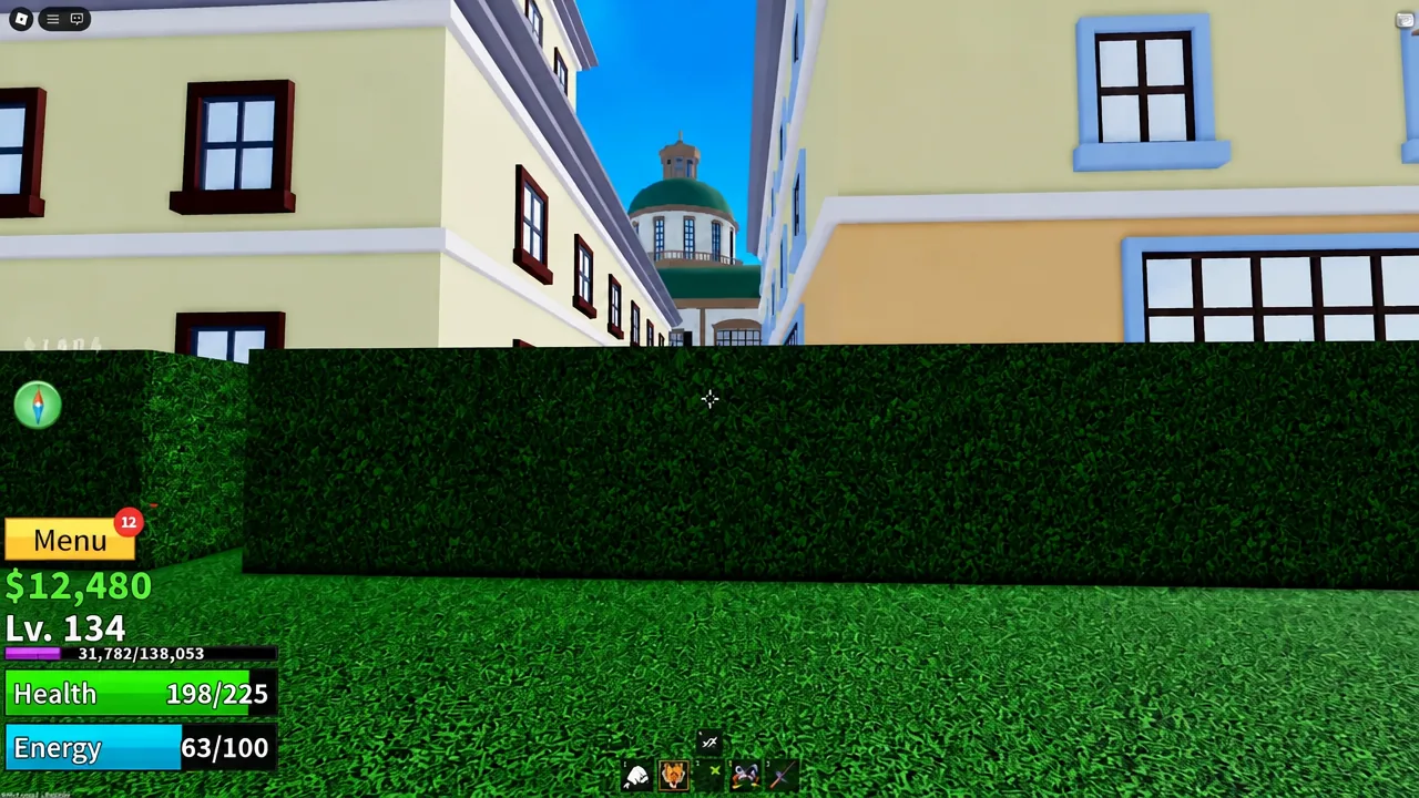 Player moving between the yellow and white town buildings next to the plaza