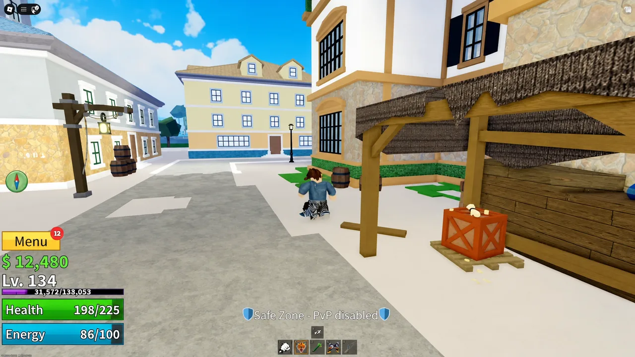 Player standing inside the town safe zone after rolling at the dealer