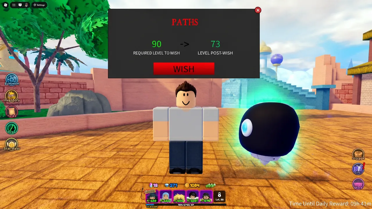 The PATHS prestige menu showing the level requirement and the WISH button