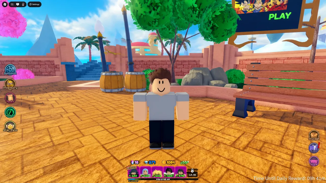 Player character standing idle in the All Star Tower Defense World 1 lobby plaza