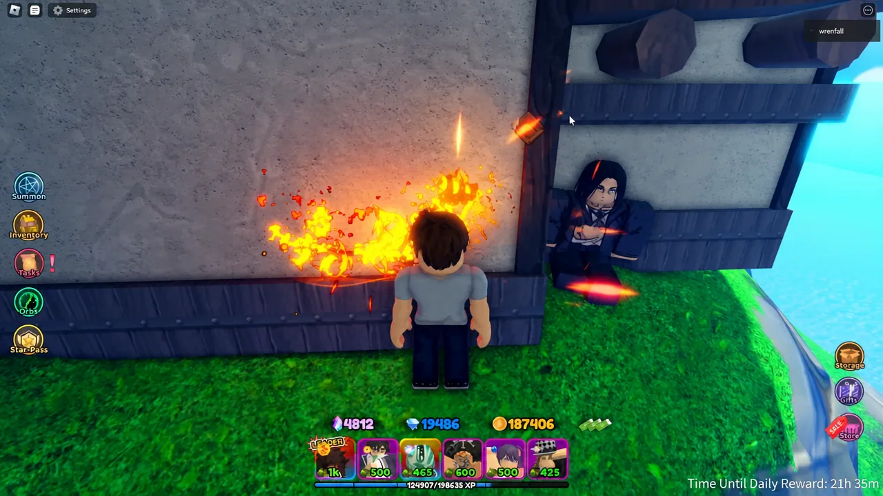 Player standing beside an NPC near a house on the elevated terrain in World 1