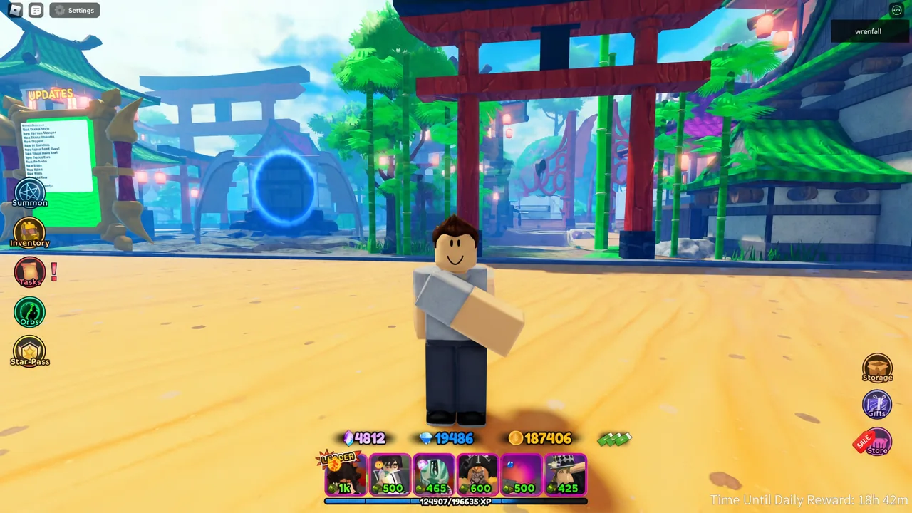 Walking past the village buildings in World 1 toward the fenced garden area