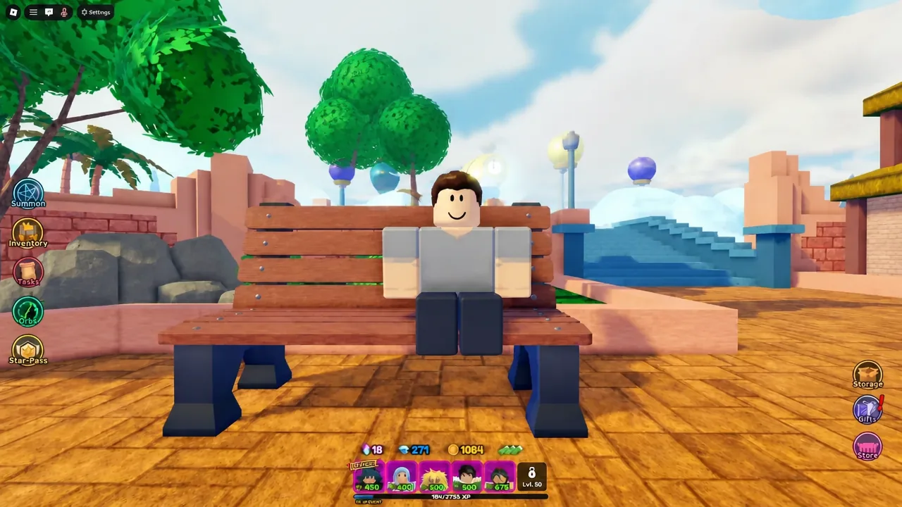 Black-haired Prestige NPC sitting on a wooden bench near the fenced garden in World 1