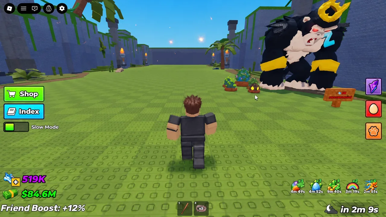 Moving forward through the boss arena in Steal an Egg with the Shop and Index buttons on screen