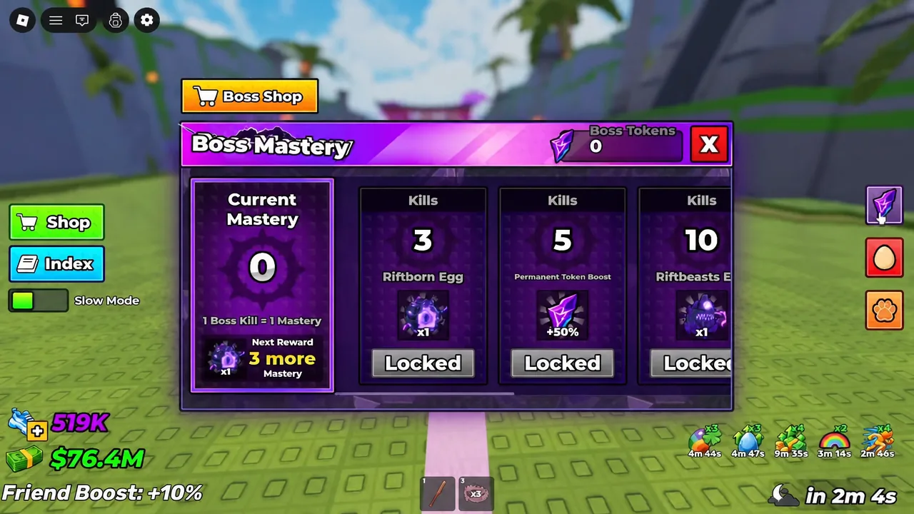 Boss Mastery menu in Steal an Egg showing current mastery progress and locked kill milestones