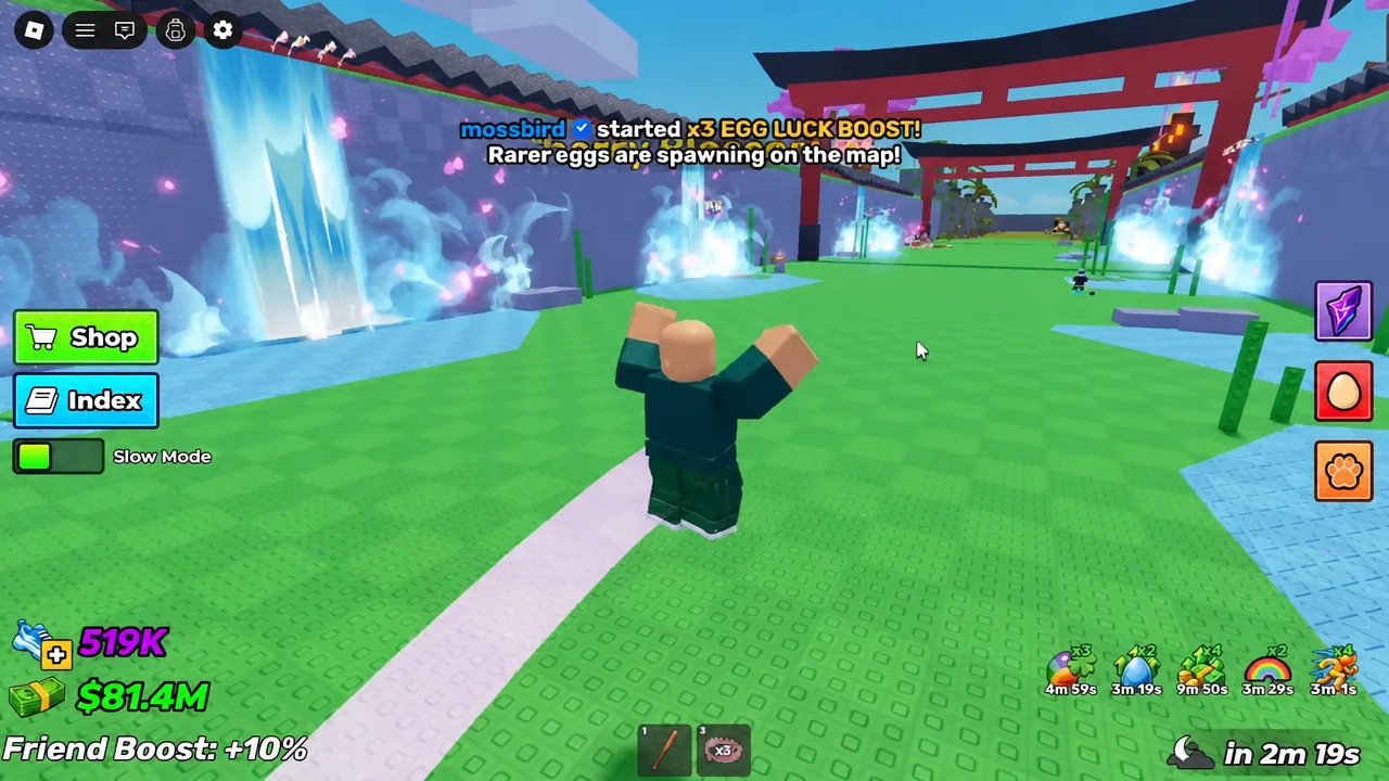 Egg menu button on screen in Steal an Egg while an egg luck boost is running