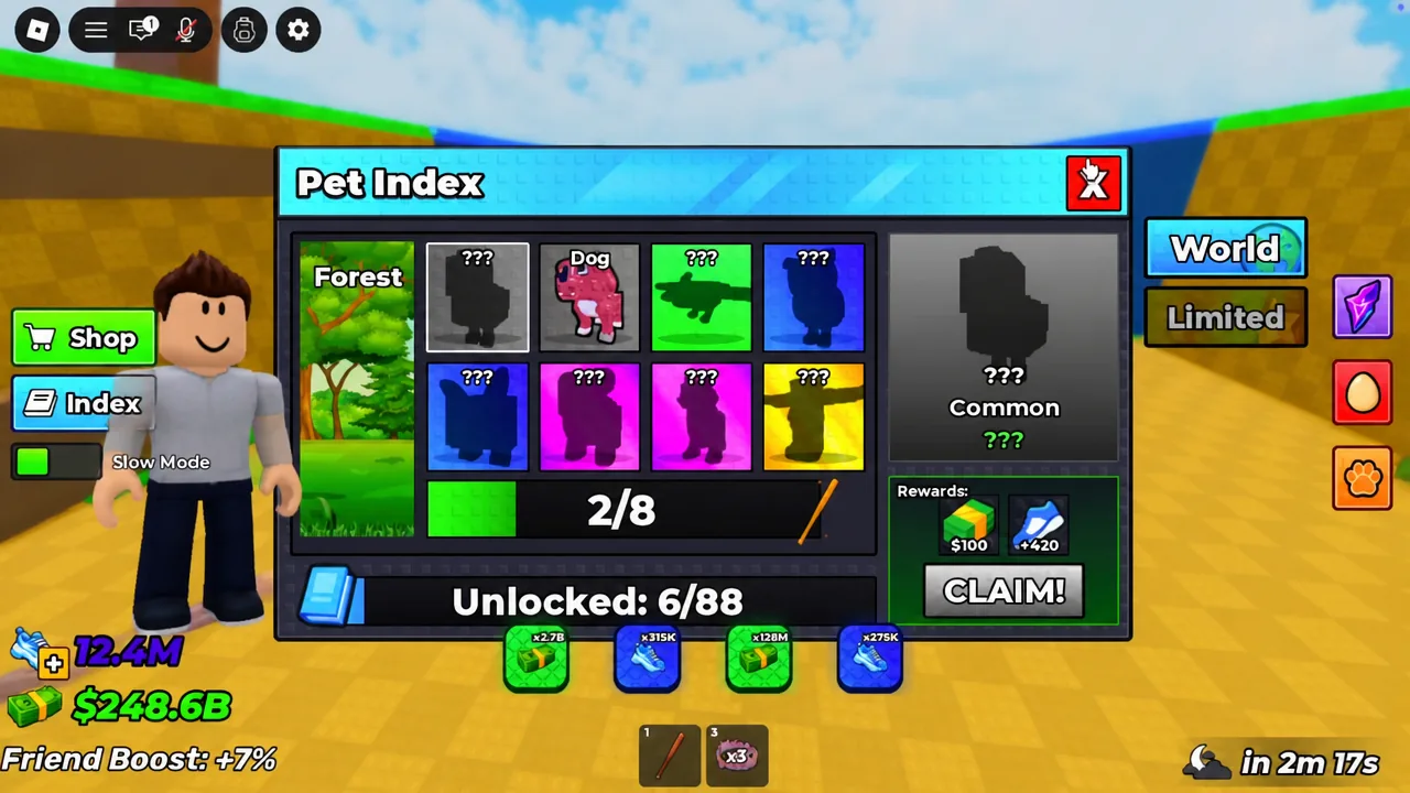Pet Index menu showing a locked pet entry with its rewards and a Claim button
