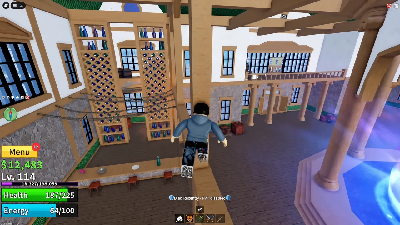 Player jumping through the interior of the Middle Town building on the way upstairs